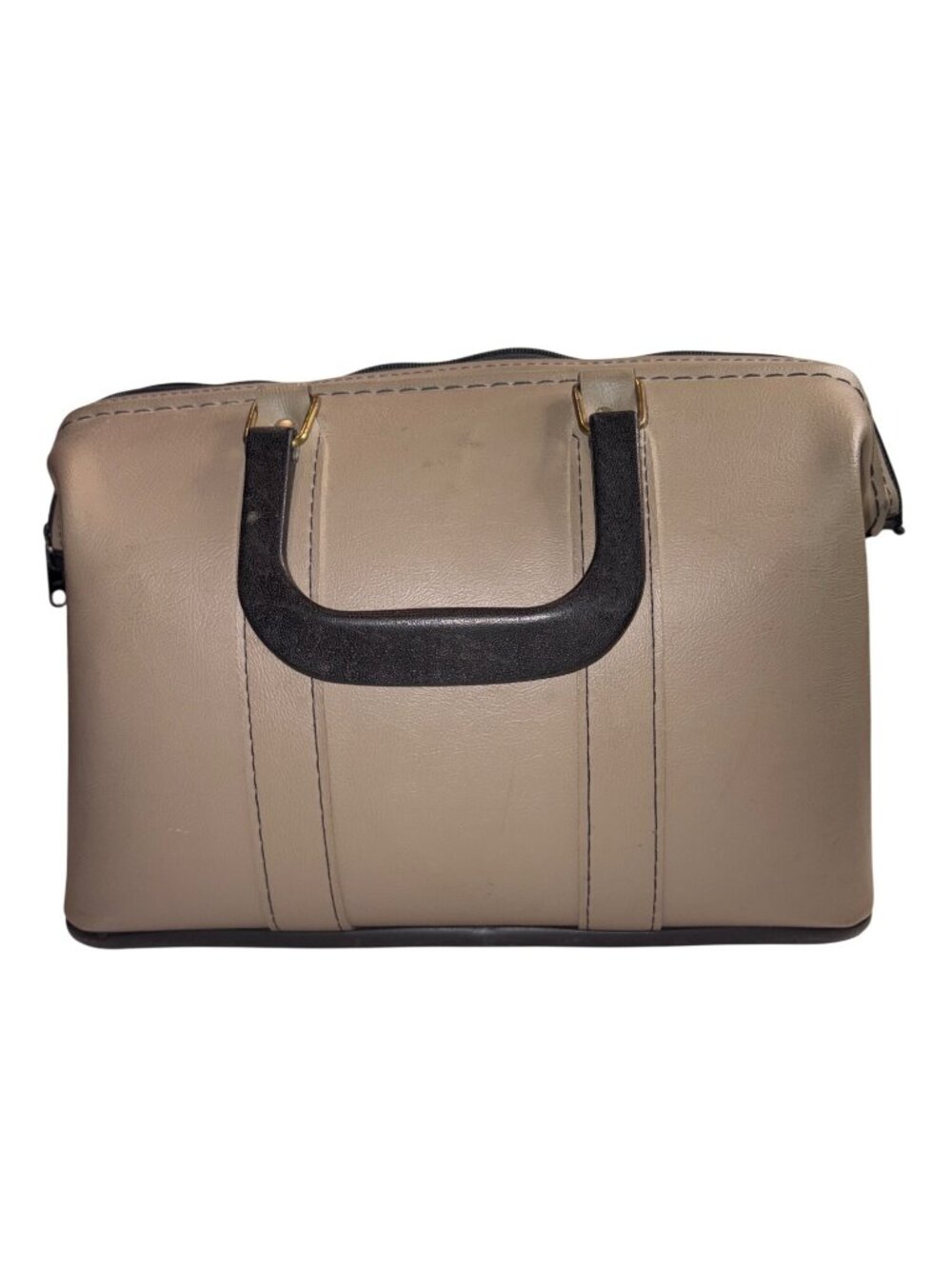 Vintage Tan & Black Faux Leather Handbag Zipper Closure By Service Mfg. Corp. Me - Picture 2 of 12